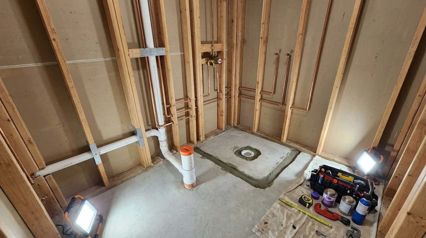 Bathroom rough-in plumbing during remodel by Johns Plumbing LLC in Stover