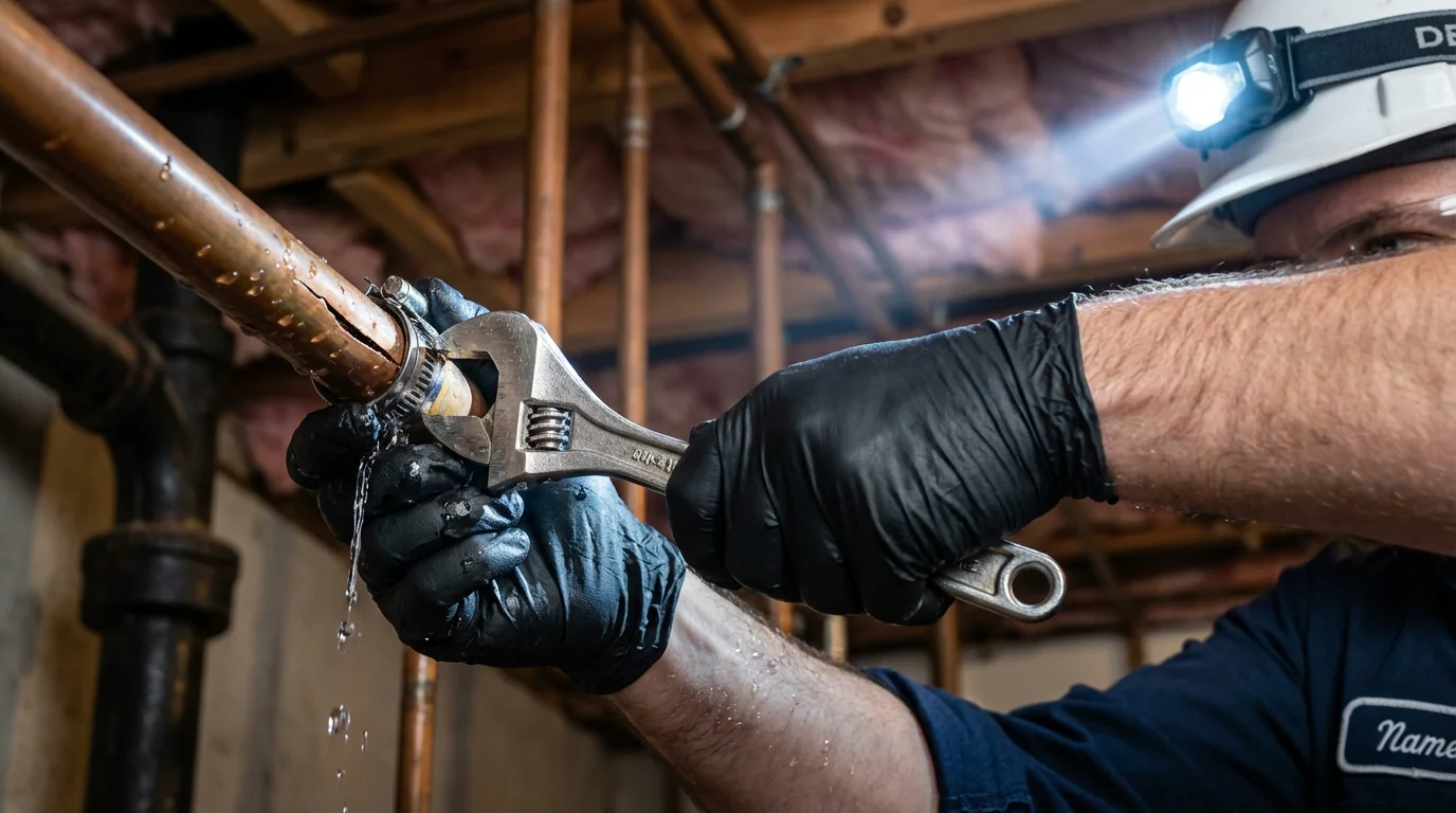Emergency pipe clamp repair being performed by a Johns Plumbing LLC plumber in Stover