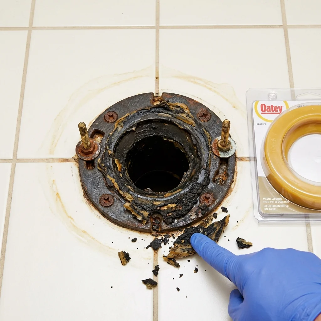 Failed wax ring showing water seepage at the base of a toilet in a Stover, MO home