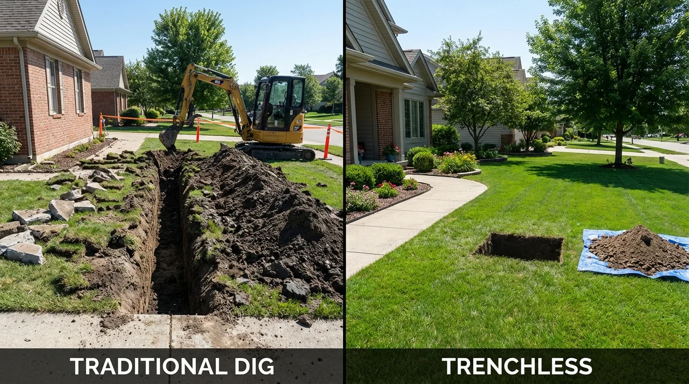 Trenchless sewer repair with minimal yard damage versus traditional excavation in Stover, MO