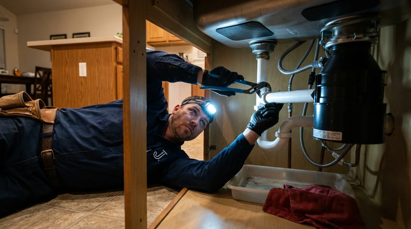 P-trap and supply line connections under a kitchen sink showing a common leak point in Stover, MO
